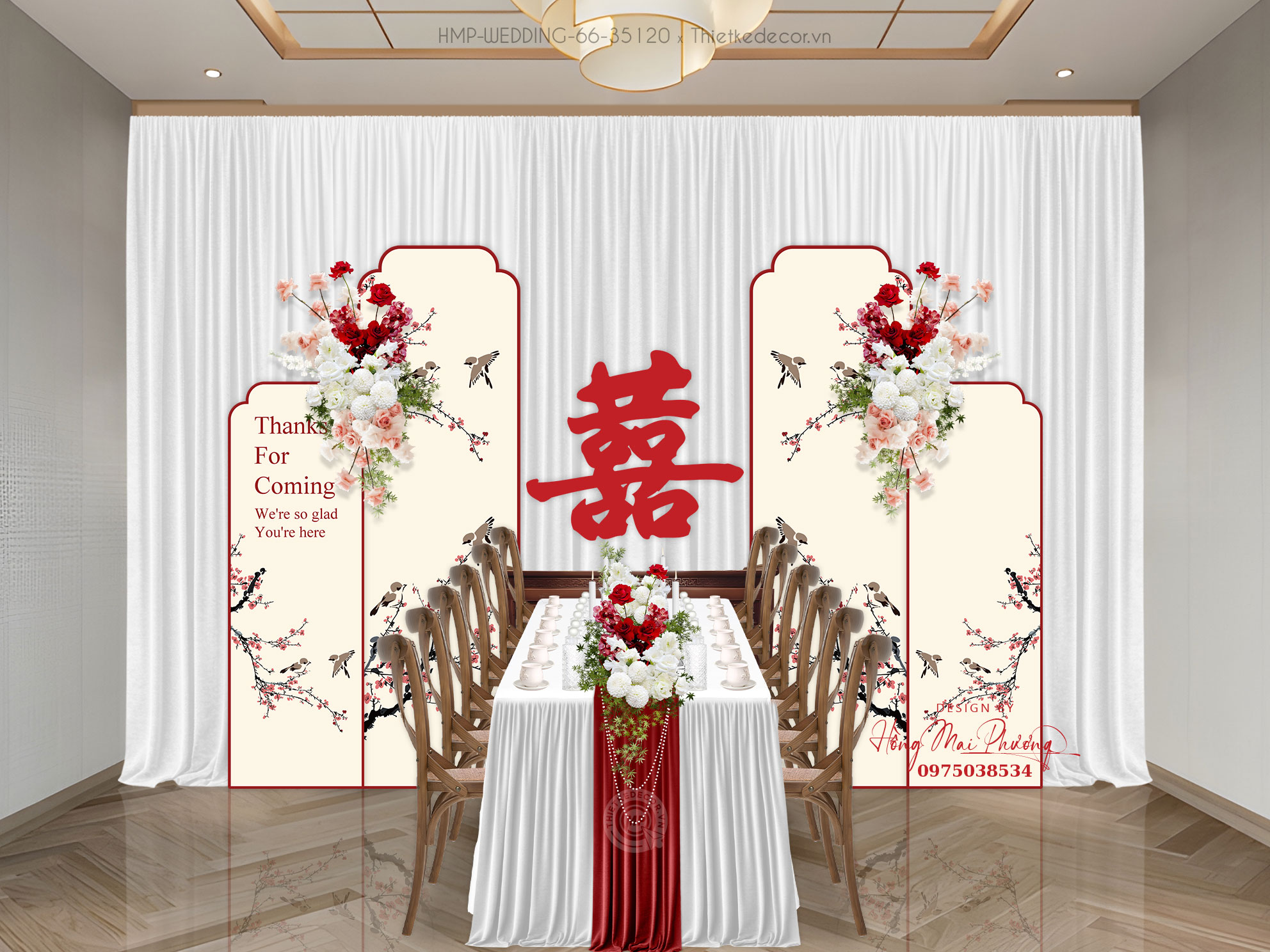 Gia tiên tone kem họa tiết cành đào và đôi chim